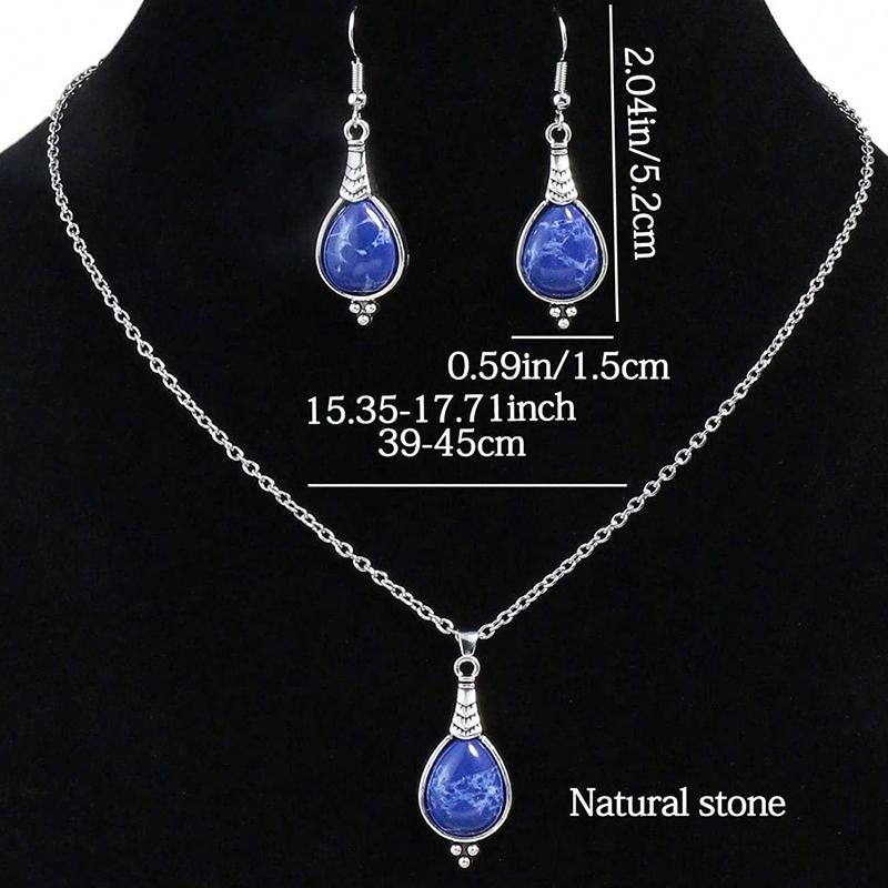 Fashion Bohemian Vintage Simple Blue Natural Stone Jewelry Set Women Silver Color Chain Long Pendant Necklace Waterdrop Earrings