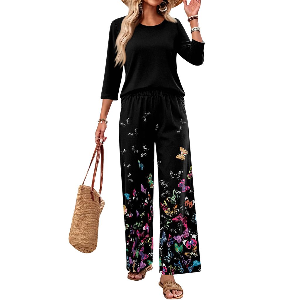 Women's Casual Two Piece Set Loose Fit Round Neck Top with Three Quarter Sleeves and Wide Leg Printed Pants Lounge Wear Set
