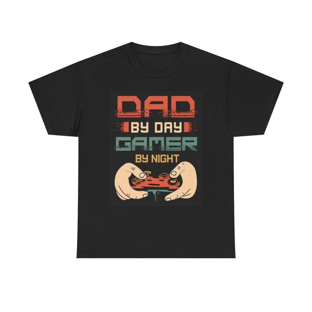 Dad By Day Gamer By Night T Shirt Funny Gaming Graphic Unisex Heavy Cotton Tee