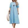 Vestido feminino plus size de verão, cor sólida, cintura solta, midi, algodão, linho, gola redonda