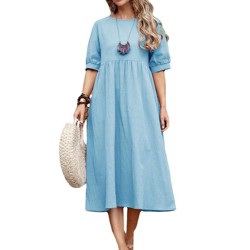 Vestido feminino plus size de verão, cor sólida, cintura solta, midi, algodão, linho, gola redonda