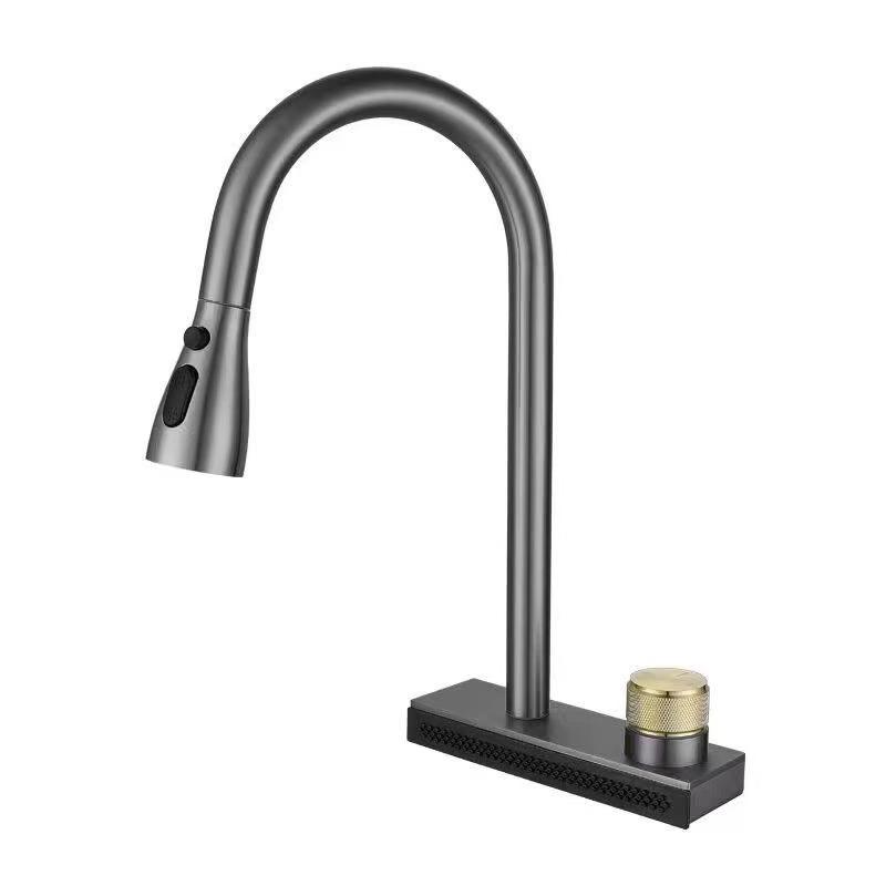 

Black Kitchen Faucet With Rainfall Waterfall Wash 4 Function Brass Single Hole Pull Out Mixer Hot Cold Water Taps Deck Mounted