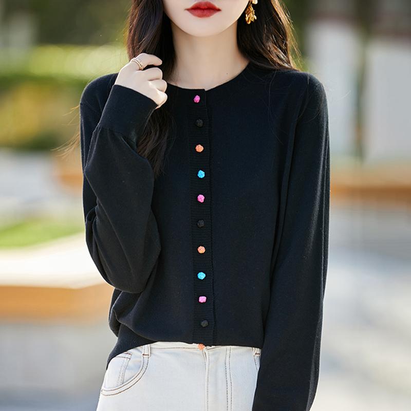 Women's cashmere cardigan Qinghe cashmere 50% wool 50% silk Women's autumn and winter cashmere cardigan soft and warm