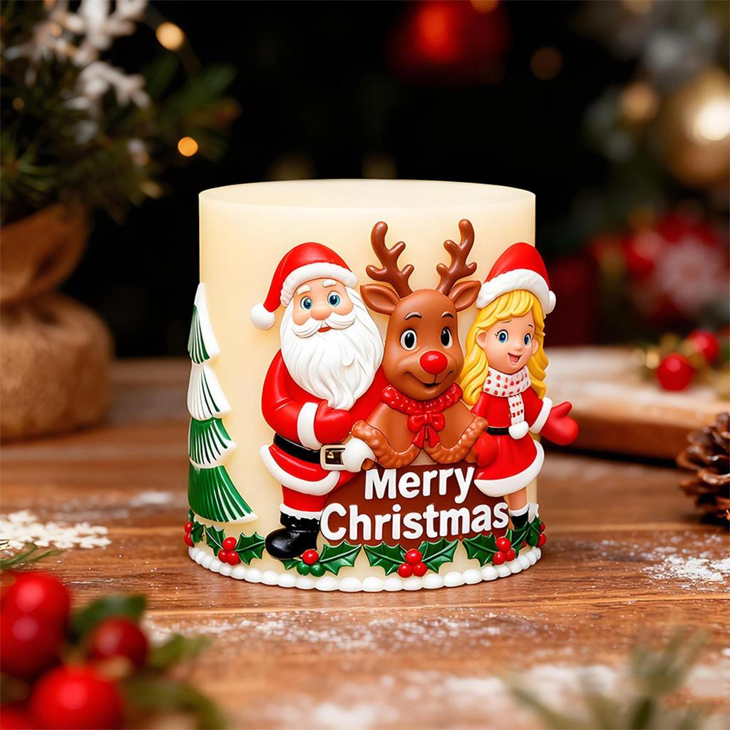 Moule à Bougie en Silicone de Noël Père Noël en Relief 3D Rennes Fille Moules Epoxy Ornement de Fête en Silicone Moule de Coulée