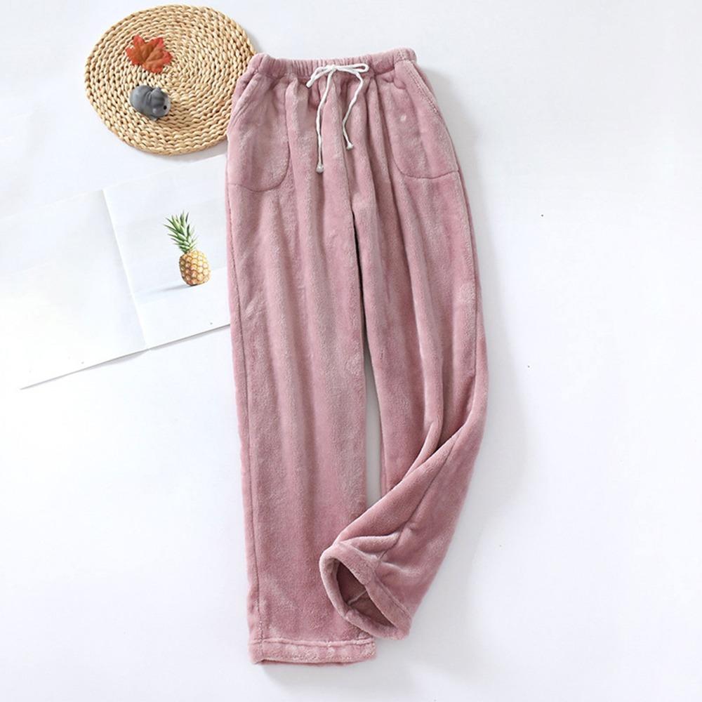 Women's Fuzzy Fleece Wide Leg Pajama Pants Elastic Drawstring Waist Warm Loungewear Sleep Trousers With Pockets