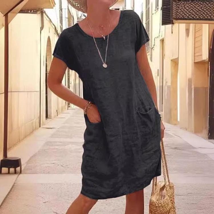 Women Casual Summer Cotton Linen Dress Washed Solid Color Round Neck Short Sleeve Loose Fit Pocket Dress