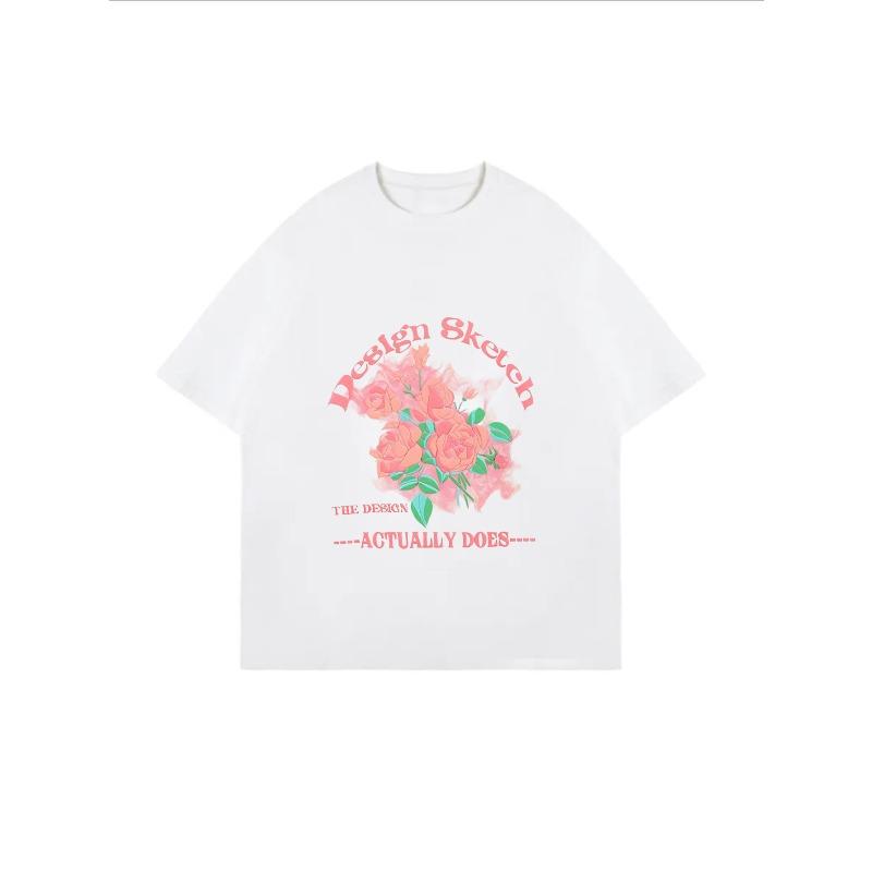 Oversized T-Shirt White Floral Design Sketch The Design Actually Does Graphic Print Casual Wear For Women Summer Outfits Streetwear Fashion Trendy Top