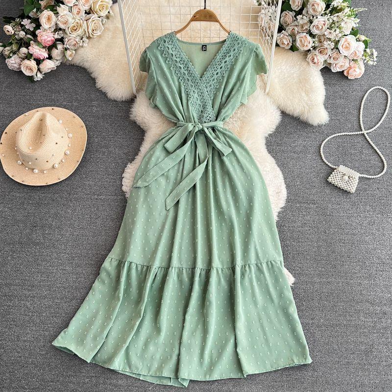 

Feminine V-neck Lace-up A- line Elegance Chiffon Dress Green One size