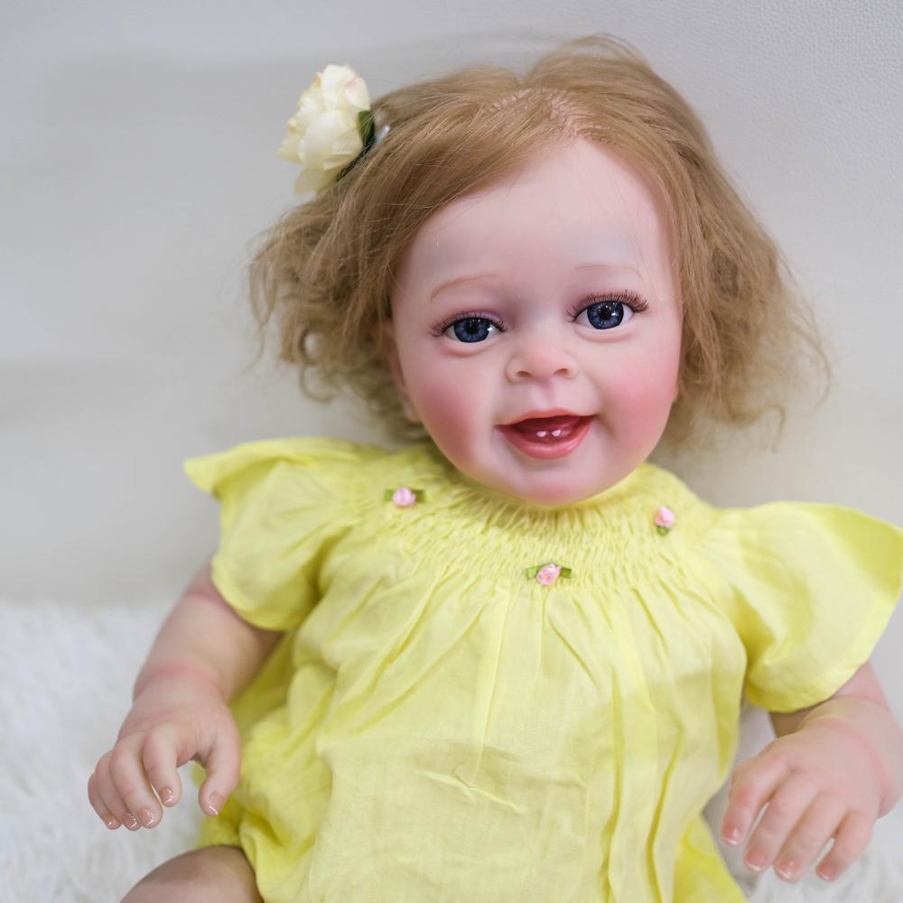 Cute Smiling Happy Girl Baby Reborn Doll Yannik 24'' 60cm Soft Cloth Body Simulation Dolls Lifelike 3D Painted Skin Newborn Doll for Kids Toddler Gift