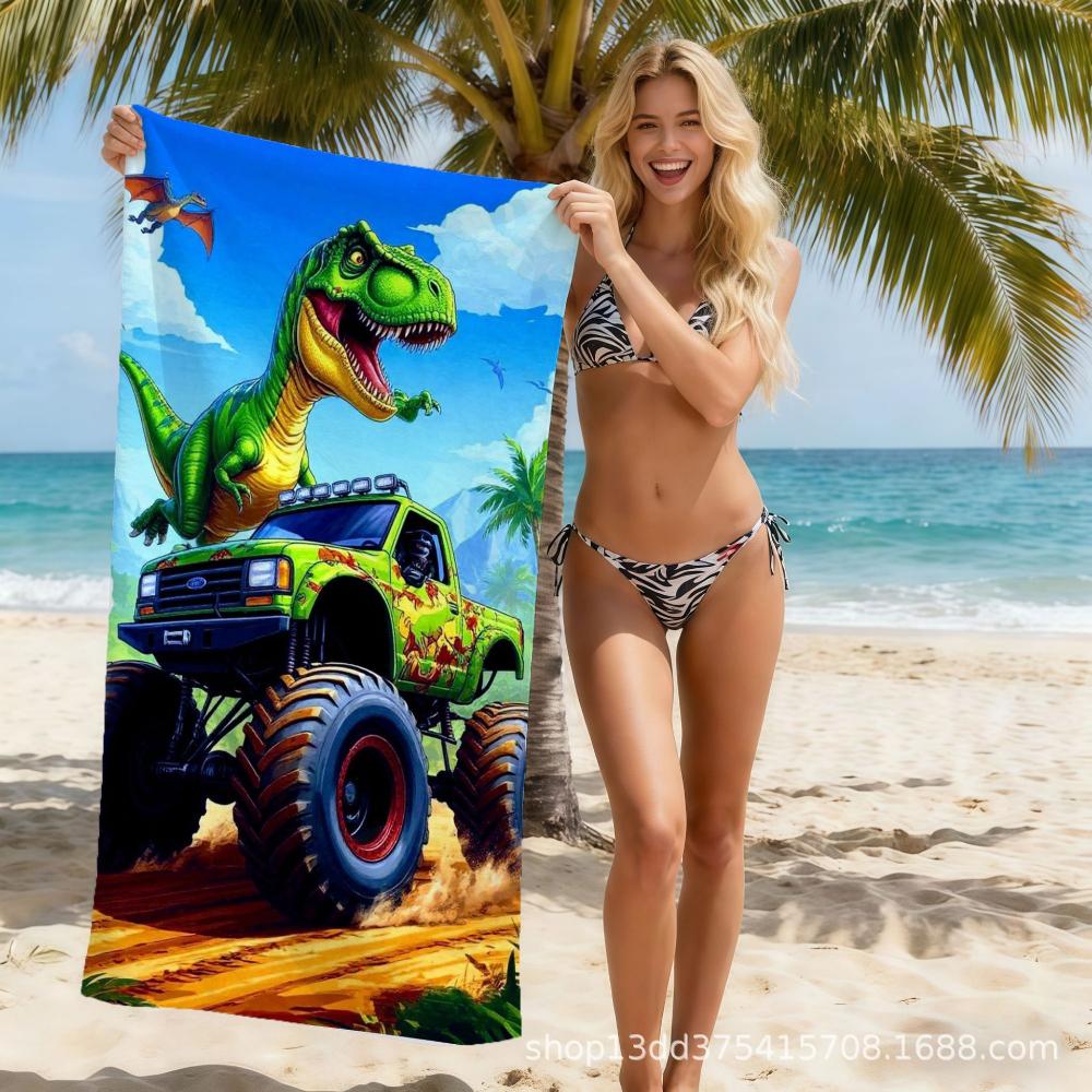 Jungle Realistic Tricolor Dinosaur Cartoon Beach Towel Thin Microfiber Fabric Matched To Kids Coast Holiday Retreats
