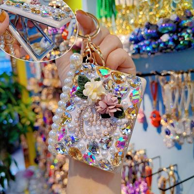 Strass Spiegel Schlüsselanhänger Bling Klappbarer Kosmetikspiegel Schlüsselanhänger Anhänger Perlen Armband Tasche Charme