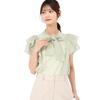 Mishmash Short Sleeve Blouse with Ruffles and Sheer Bow Green Women's Tie,