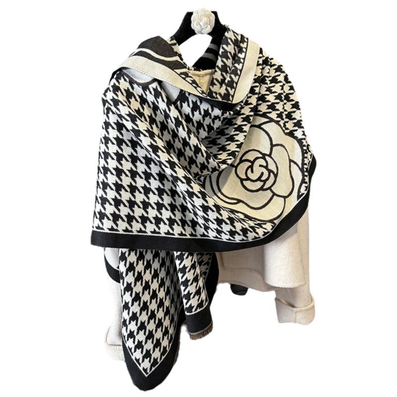 Winter Houndstooth Scarf Scarf Scarf Neck Thickened Warm Double-Sided Floral Shawl Scarf