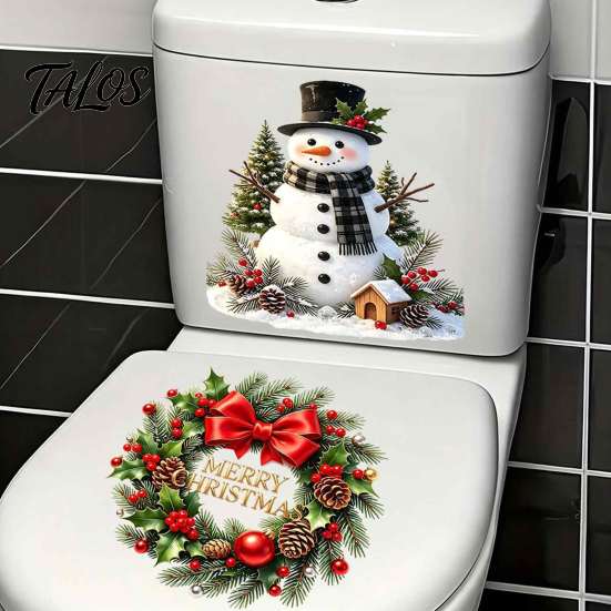 Seasonal Toilet Sticker Christmas Snowman Wreath Sticker, Peel And Stick Bathroom Decor Easy Apply Decal Decal, Removable Waterproof Lid Wall