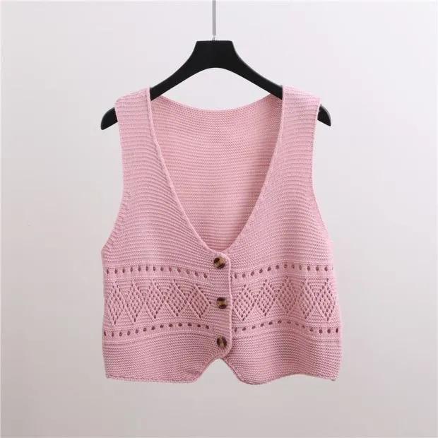 

Женский весенне-летний однотонный кардиган на пуговицах, без рукавов, с ажурным цветочным узором, простой топ с V-образным вырезом XL розовый