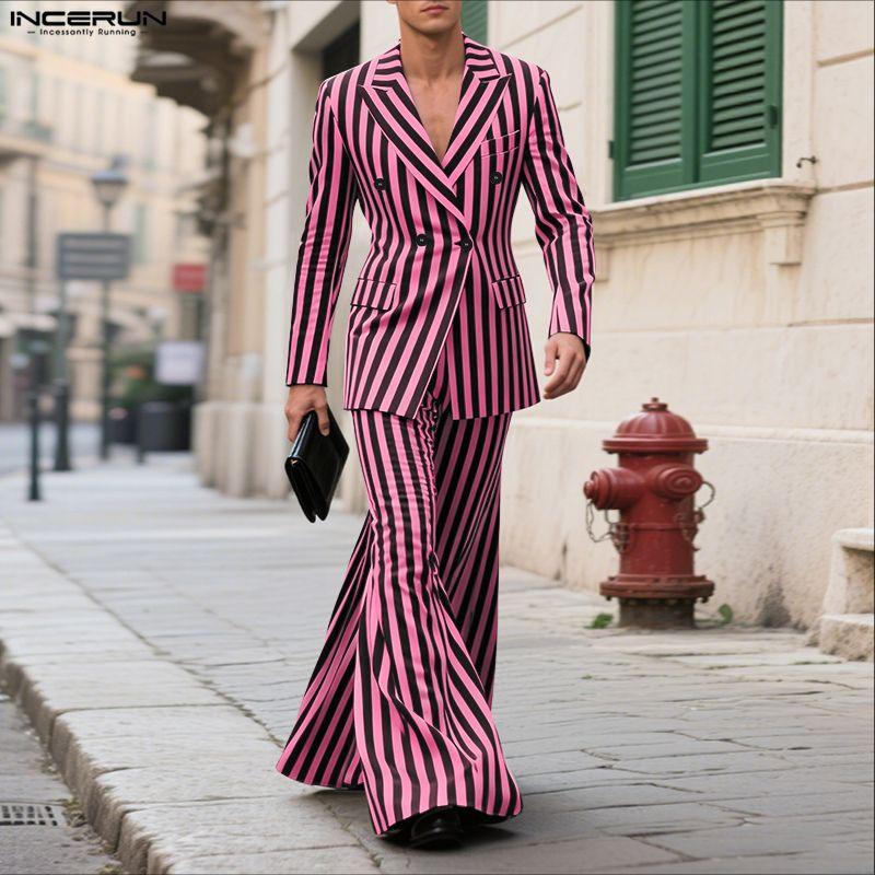 INCERUN Two Pieces Men Lapel Striped Long Sleeve Thin Blazer Long Flare Pants Sets