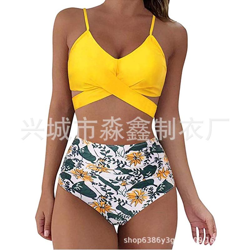 Leopard print cross high waist split bikini, sexy bikini swimsuit women S