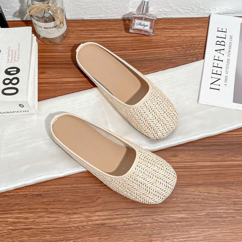 Yuanlitong Summer New Bangkok Holiday~ Woven Baotou Flat Bottom Beach Hollow Half Slippers Women's Sandals Outside