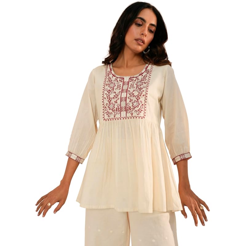 Libas Women's Cotton Yoke Design A-Line Kurtis (26720_White