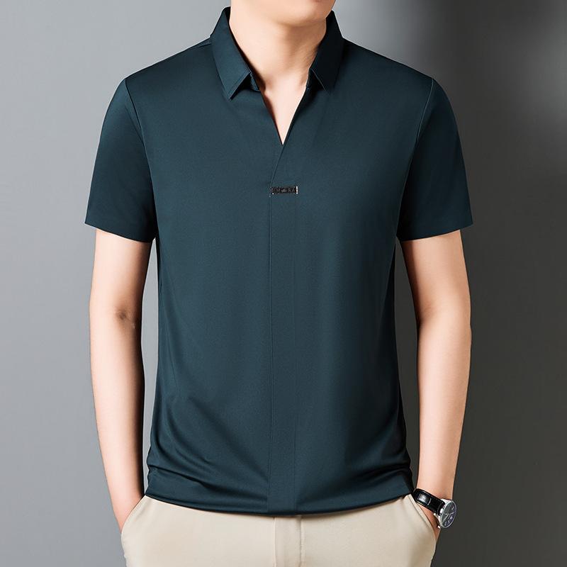 Summer Youth Business Casual High Elastic Half-sleeved POLO Shirt Ice Silk Seamless V-neck Short-sleeved Men's T-shirt