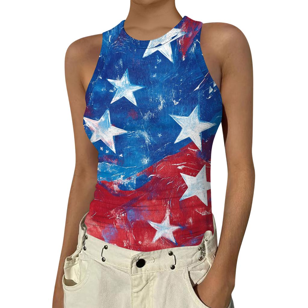 Women's Fashion Round Neck Independence Day Print Sleeveless Vest Top