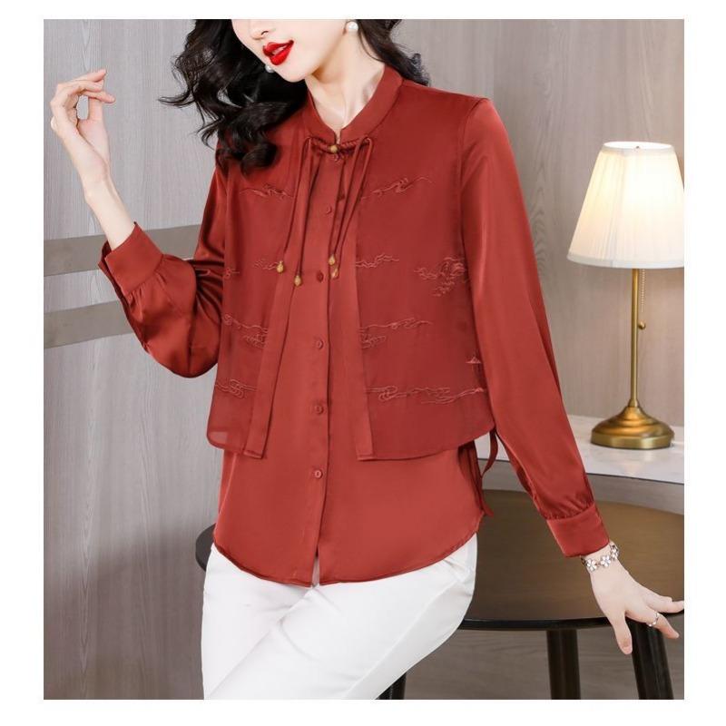 New Chinese Embroidered Casual Chiffon Top Women's Long-sleeved Autumn Mom Fake Two-piece Shirt