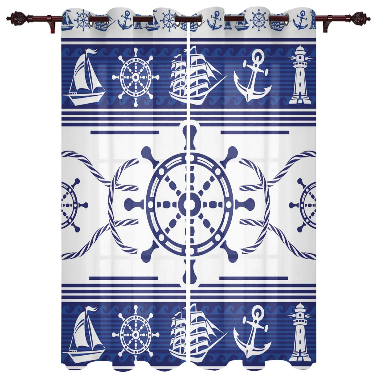 

2PCS Anchor Starfish Stripes Window Curtains Bedroom Kitchen Drapes Panel Home Decor Curtains for Living Room Floor-to-ceiling (W50H160cm)-2pcs&Rod Pocket