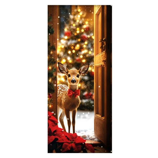 Christmas Door Cover Cute Reindeer Front Door Cover 35x82in Porch Welcome Sign Banner for Winter Holiday Party Photo Backdrop Decor