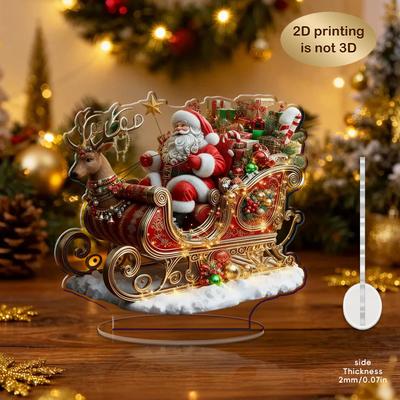 2D akrylová figurka Santa Clause se saněmi taženými soby v živých barvách, stolní sváteční tématická domácí dekorace, dárky k Novému roku 2026