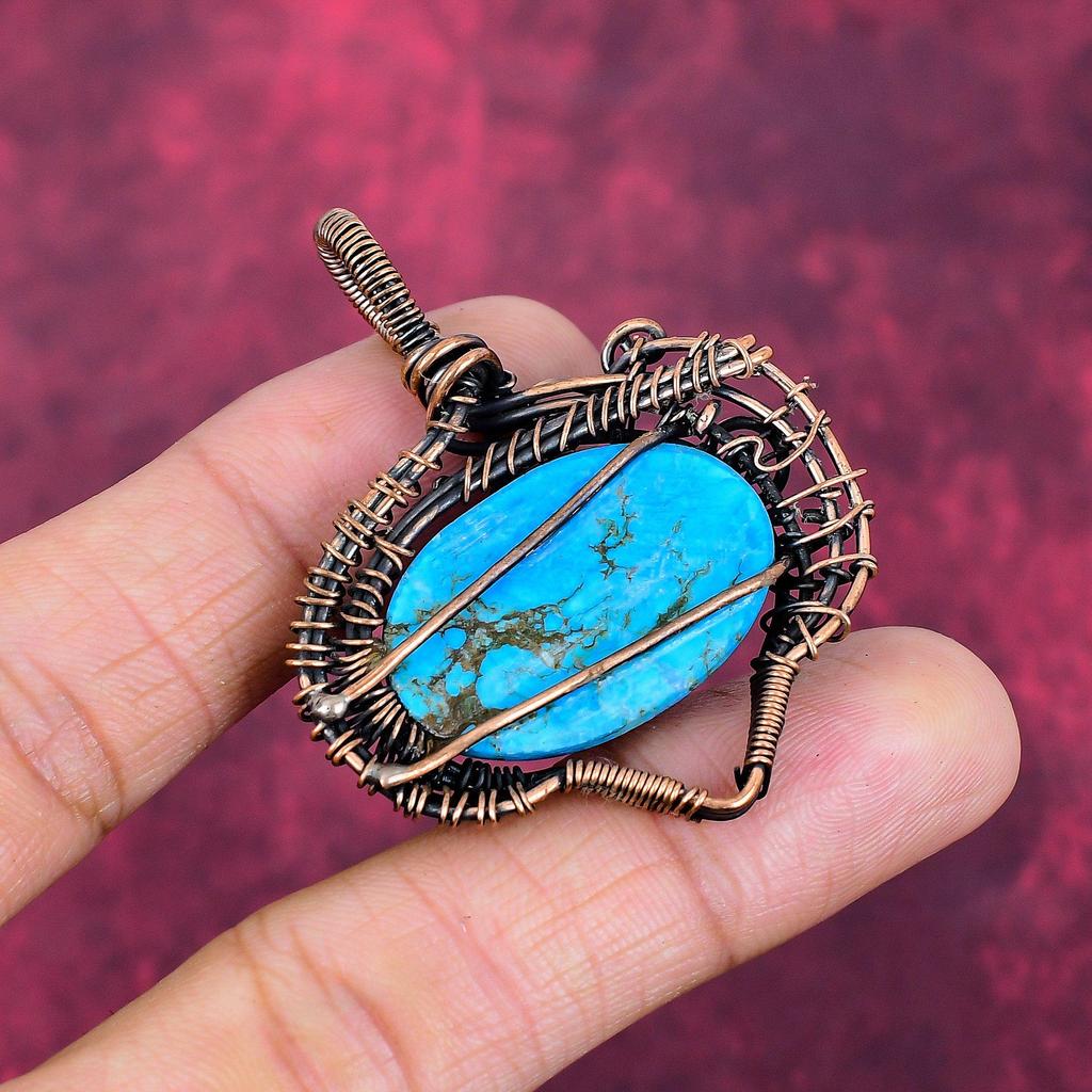 Tibetan Turquoise Pendant Handmade Pendant Copper Wire Wrapped Gemstone Jewelry