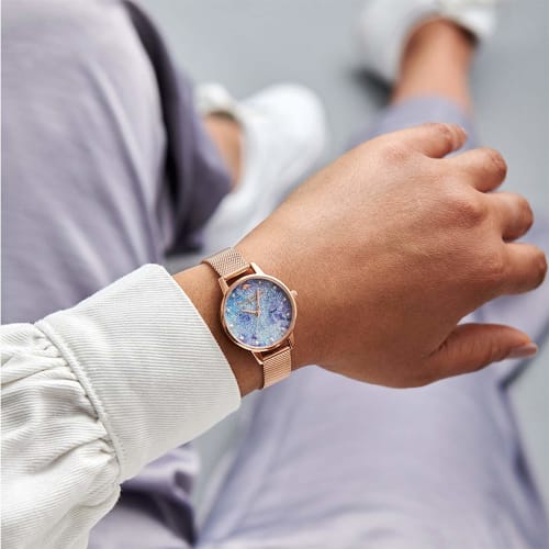 Authorized Retailer: OLIVIA BURTON Women's Under the Sea Watch OB16US44, Deep Sea Dial with Pearl Markers and Rose Gold Mesh.