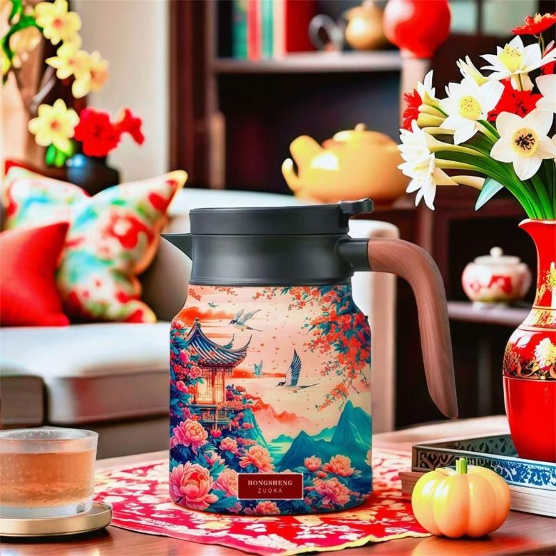 Premium Thermal Florals Teapot 1000ml Removable Infuser Stainless Steels Body And Ergonomic Wooden Handle Teas Kettle