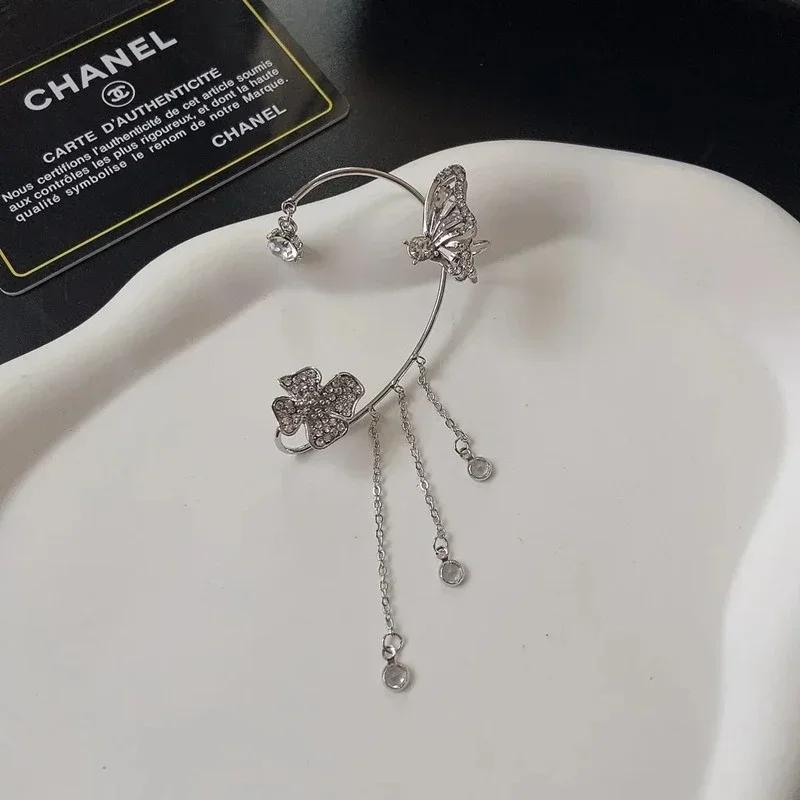 Boucles d'oreilles à clip papillon en cristal pour femmes, bijoux à la mode, perles, manchette d'oreille, long pompon, breloque creuse, cadeau de mariage