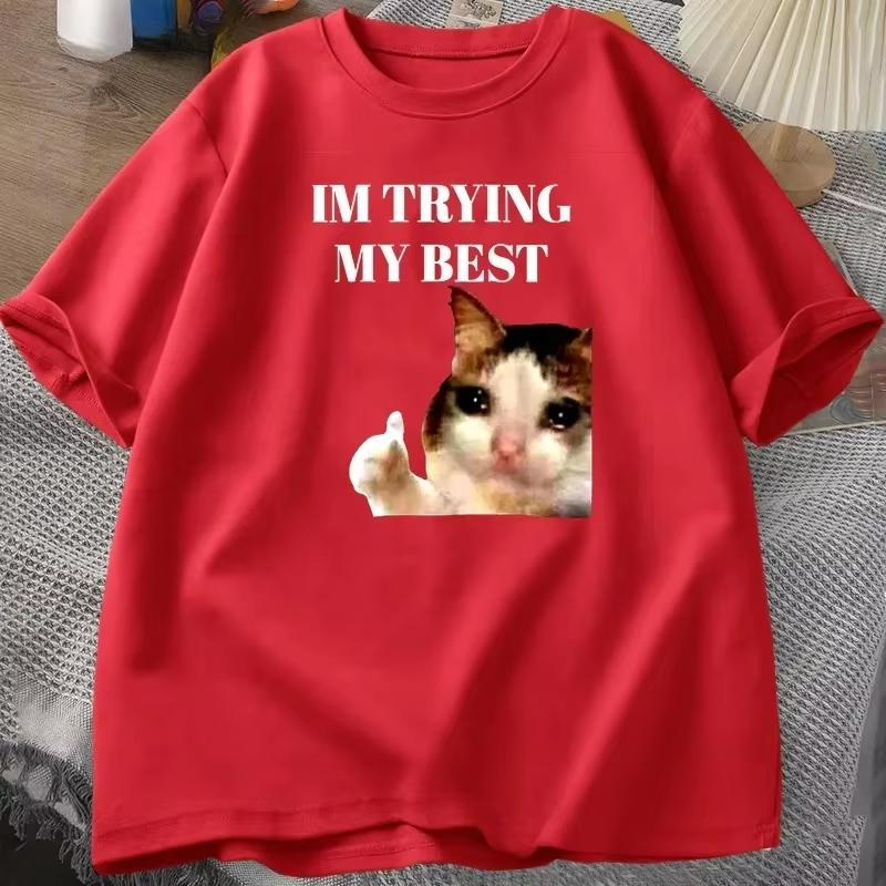 Cat Thumbs Up Crying I'm Trying My Best Funny Tee Casual Short Sleeve T-Shirt Streetwear Harajuku Women Clothes Tops