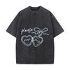 Please Bow Heart Sunglasses Blue Coquette Graphic Washed Distressed Loose Streetwear Tops For City Walks