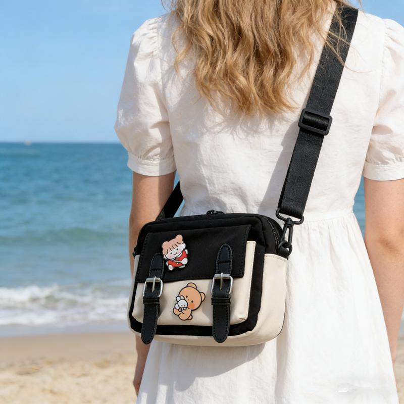 Cute Cartoon Colorblock Small Crossbody Bag with Badge Pin Chic Durable Mini Canvas Shoulder Bag for Women Daily Shopping Outing
