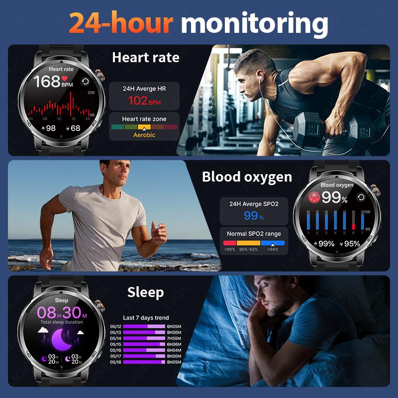 1000mAh Super Capacity Battery Adult Men Smart Watch Flashlight SOS Distress Light 1.85" HD Bluetooth Call Sport Smartwatch