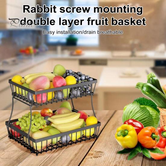2 Tier Countertop Fruit Basket for Kitchen Sturdy Metal Vegetable Storage Bread Bowl Stand Wire Organizer for Potato Onion