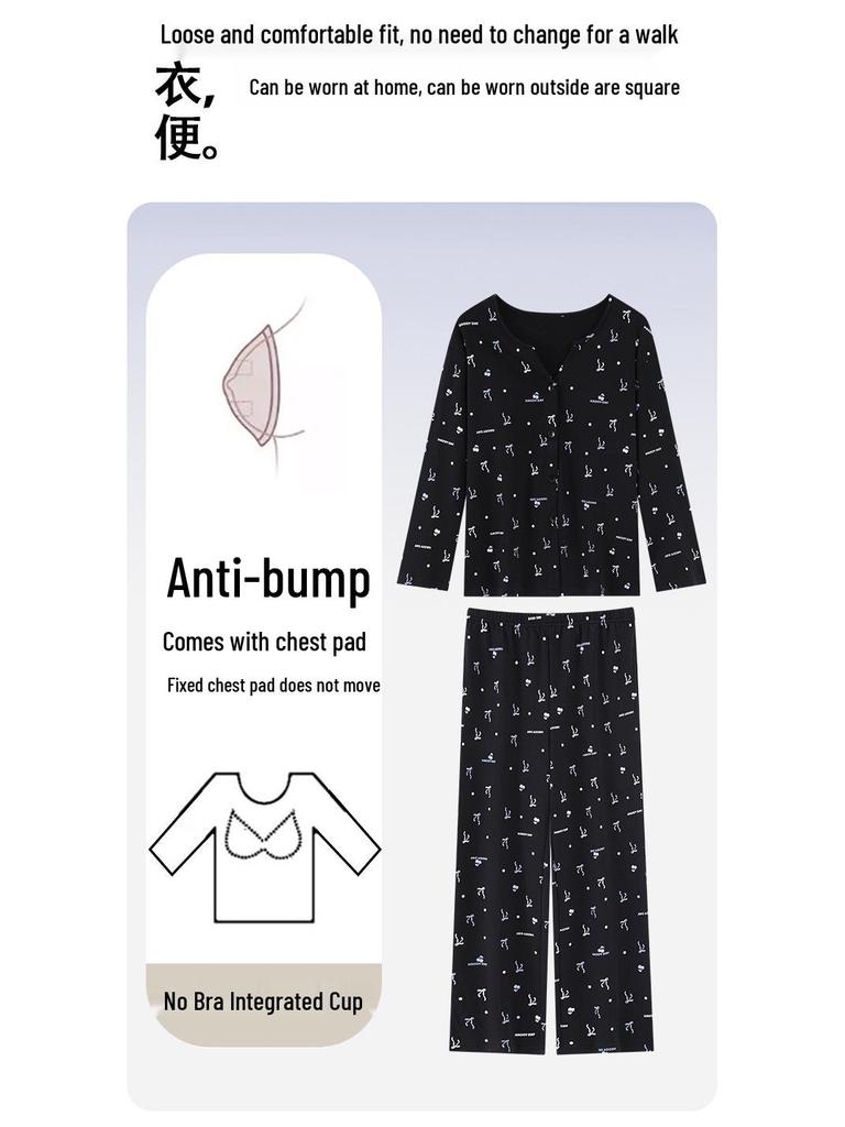 Women's Long Sleeve Cotton Kimono Pajamas with Chest Pads - Cute Cartoon V-Neck Set for Spring and Autumn