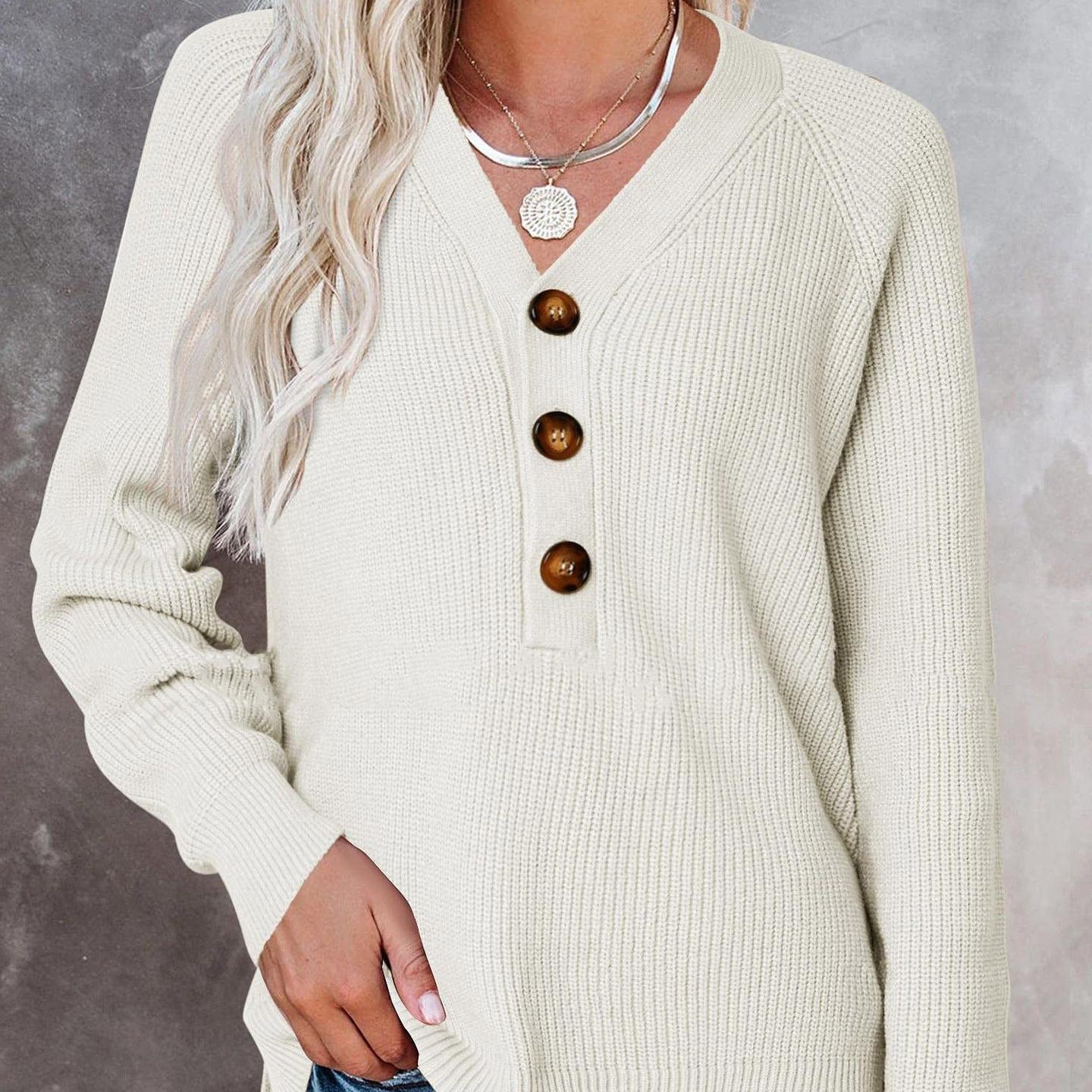 

Popular top women s button design v-neck pullover sweater women s autumn and winter loose outer wear lazy European and American style 49-124 (average size) білий