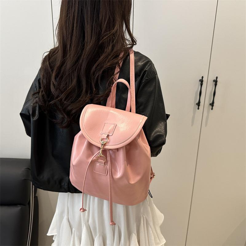 Soft PU Leather Drawstring Flap Backpack, Minimalist Gold Hardware Casual Daily Travel Bucket Backpack For Women