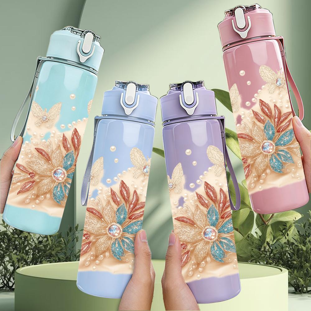 1PC Soft Dried Floral Bouquet 750ml Color Plastic Sports Water Bottle Leakproof Flip Straw Lid For Sports Office Home Use