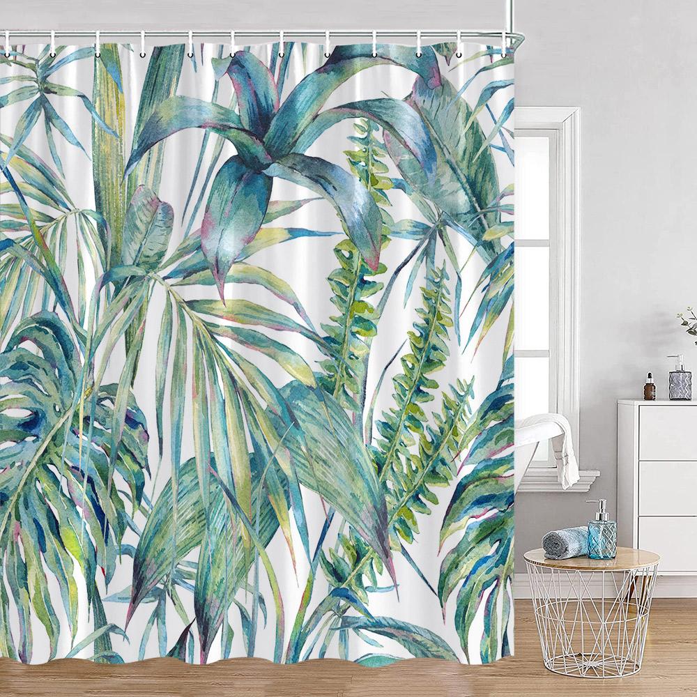 Green Leaves Shower Curtains Monstera Palm Leaf Green Plants Botanical Bathroom Curtain Greenery Bath Deorations with Hooks