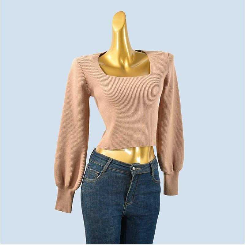 Square Collar Short High Waist Midriff-Baring Long Sleeve Pure Color Knitting Sweater Soft Glutinous Stretch Pullover Bottoming Shirt for Women