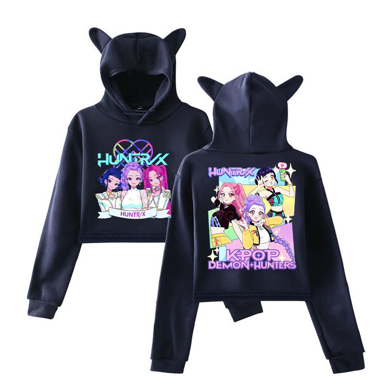

Fashionable Short Cat Ear Hoodie Sweatshirt KPop Demon Hunters Hunter Witch Group Surrounding Thick Winter Polyester Women s Clothes XS темно-синий