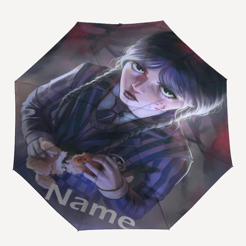 Custom Name Wednesday Theme Automatic Umbrella, Lightweight & Portable, 8 Rib, Perfect for Outdoor Travel, Birthdays, Christmas, Gifts.