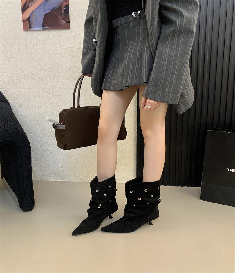 European and American Fashion Punk Style Riveted High-heeled Short Boots Spice Girls 2025 Autumn and Winter Short Tube Pointed Thin Heel Pleated 