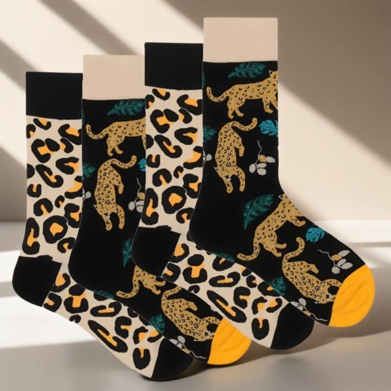 1 Pair/4 Pairs of Women's Leopard Print Mid-calf Socks, Fashionable Autumn, Winter, and Spring Style, Versatile Long Socks