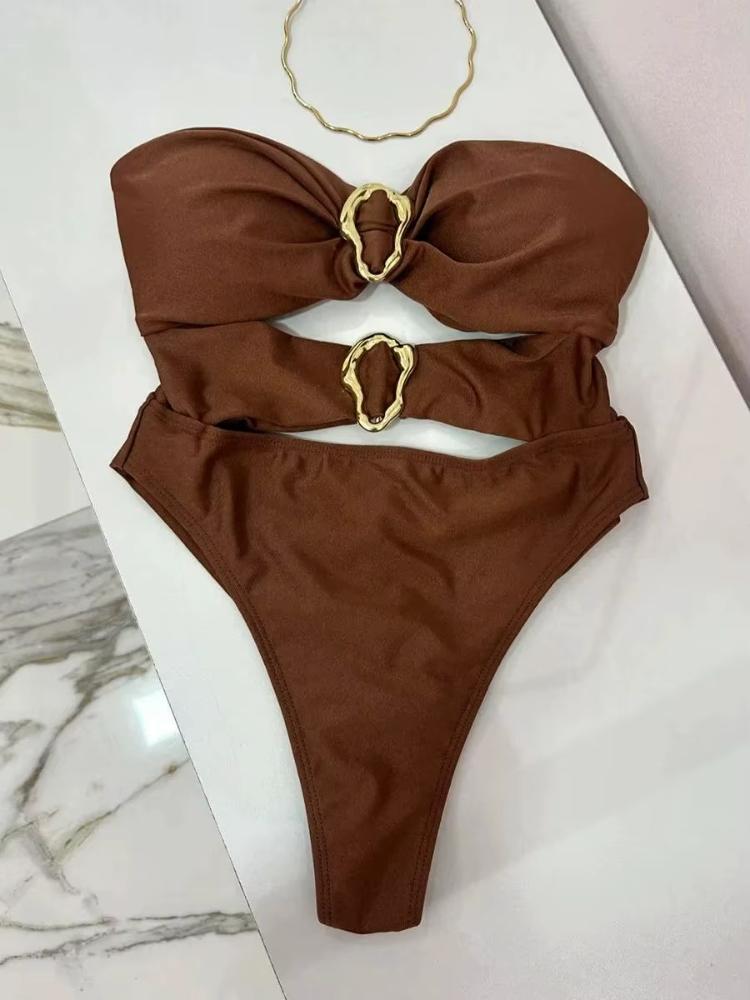 3 Colors Sexy Metal Rings Cut Out Women Swimwear One Piece Swimsuit Female Bandeau High Leg Cut Bather Bathing Suit Swim
