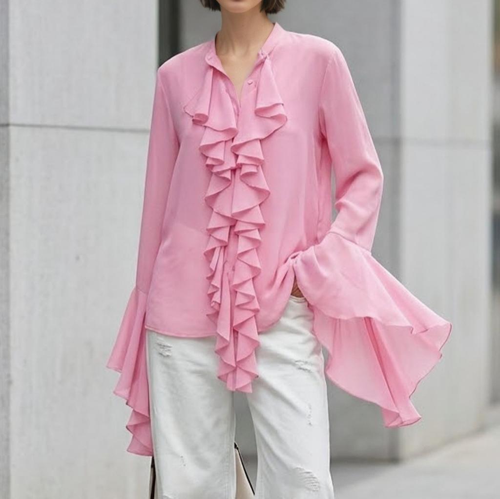 1116 spring and summer new court style chiffon top women's commuting versatile temperament ruffle leaf edge stand-up collar horn sleeve shirt
